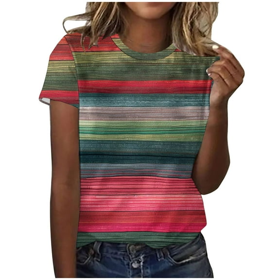 Women's Short Sleeve Crew Neck Tee Tops Stripe Color Block Casual T-Shirts Summer Clothes Blue,XL