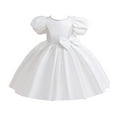 thumbnail image 2 of Short Flower Girl Dress, Girls Solid Color Puff Sleeve Princess Dress with Bow Accents, Junior Bridesmaid Party Dress for Wedding Birthday Occasions Age 4-9 White 140, 2 of 9