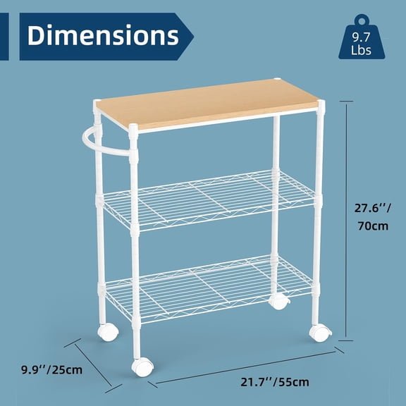 3 Tier Rolling Kitchen Cart, Heavy Duty Metal Storage with Wheels, Adjustable Shelves, Lockable Utility Cart, Wood Top & Handle for Indoor Outdoor Use