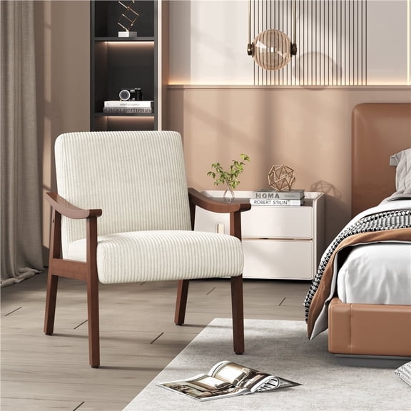 Yaheetech Set of 2 Mid-Century Modern Corduroy Upholstered Accent Armchairs, Beige
