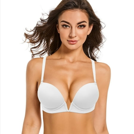 Yandw Women S Deep V Plunge Padded Push Up Convertible Bra With Clear Straps Low Cut Underwire Bra  White 40C