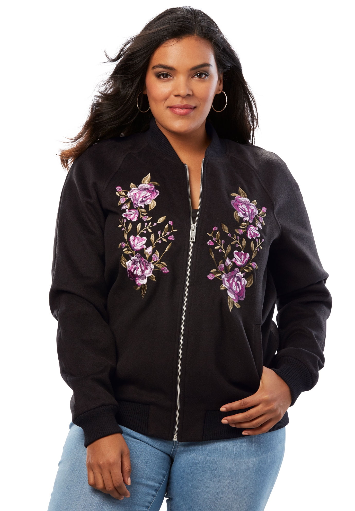 LADIES WOMENS FLOWER EMBROIDERED BOMBER JACKET PLUS SIZE 14 16 18 20 22 24 26 28
