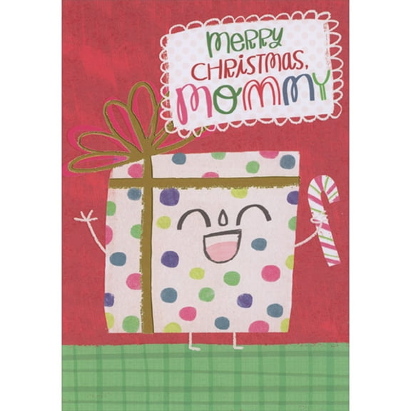 Designer Greetings Smiling White Polka Dotted Gift Holding Striped Candy Cane Juvenile Christmas Card for Mommy