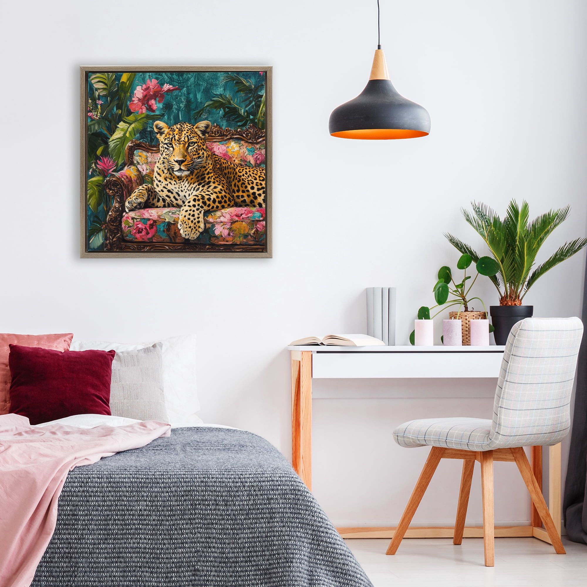 Stupell Industries Fashionable Leopard on Floral Sofa Brown Framed Floater Canvas Wall Art, design by Petal Prints Design