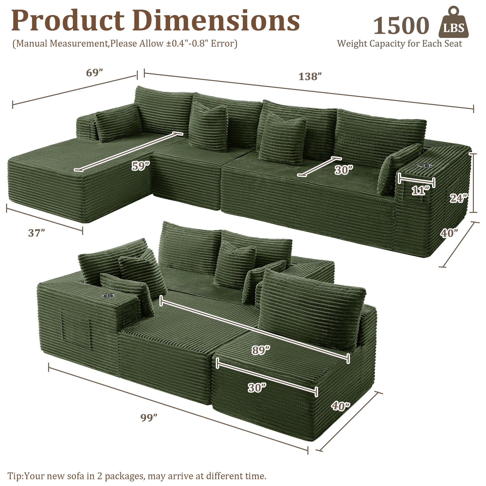 4 Seats Boneless Modular Cloud Sectional Sofa with Chaise, Extra-Wide Deep Seats Plush Corduroy Sleeper Soft Couch for Modern Living Rooms, Small Spaces & Apartments (Green, 138"-L Shape Right)