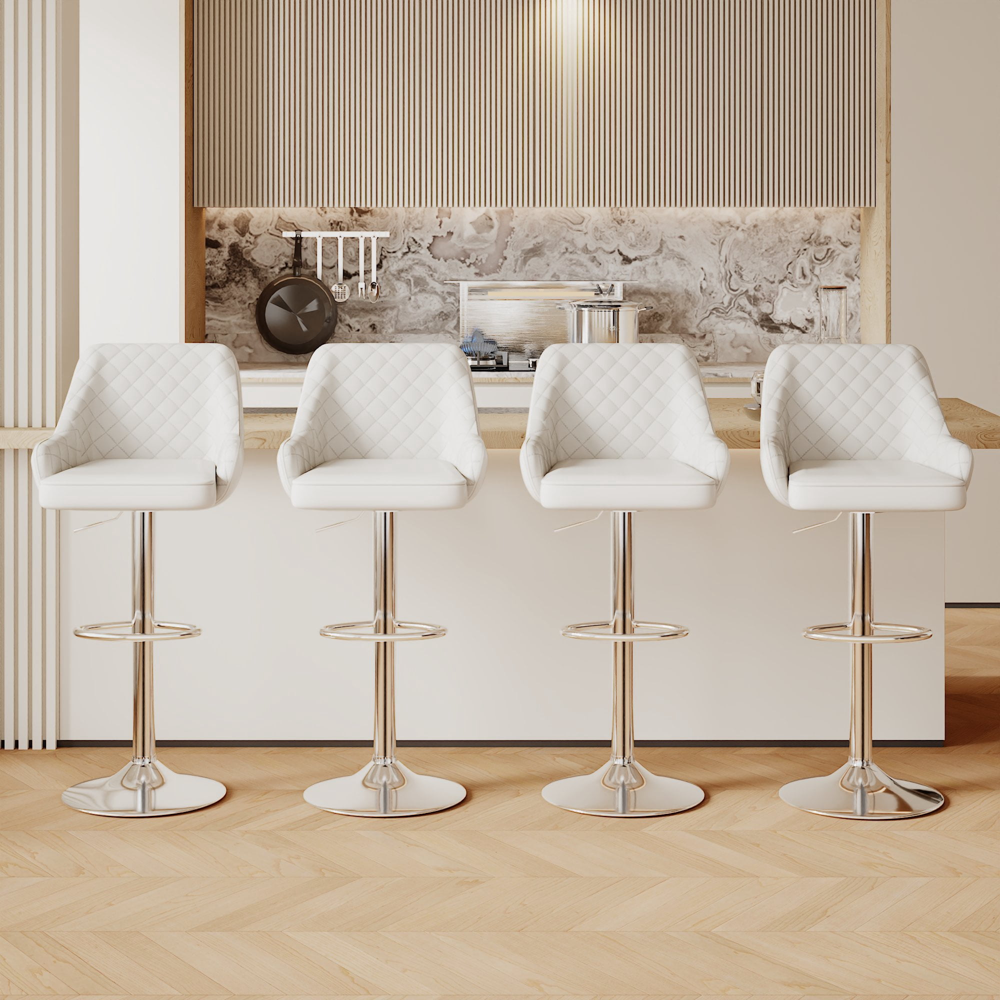 VECELO Set of 4 Bar Stools Adjustable Counter Height Swivel Barstools with Back and Armrest, White