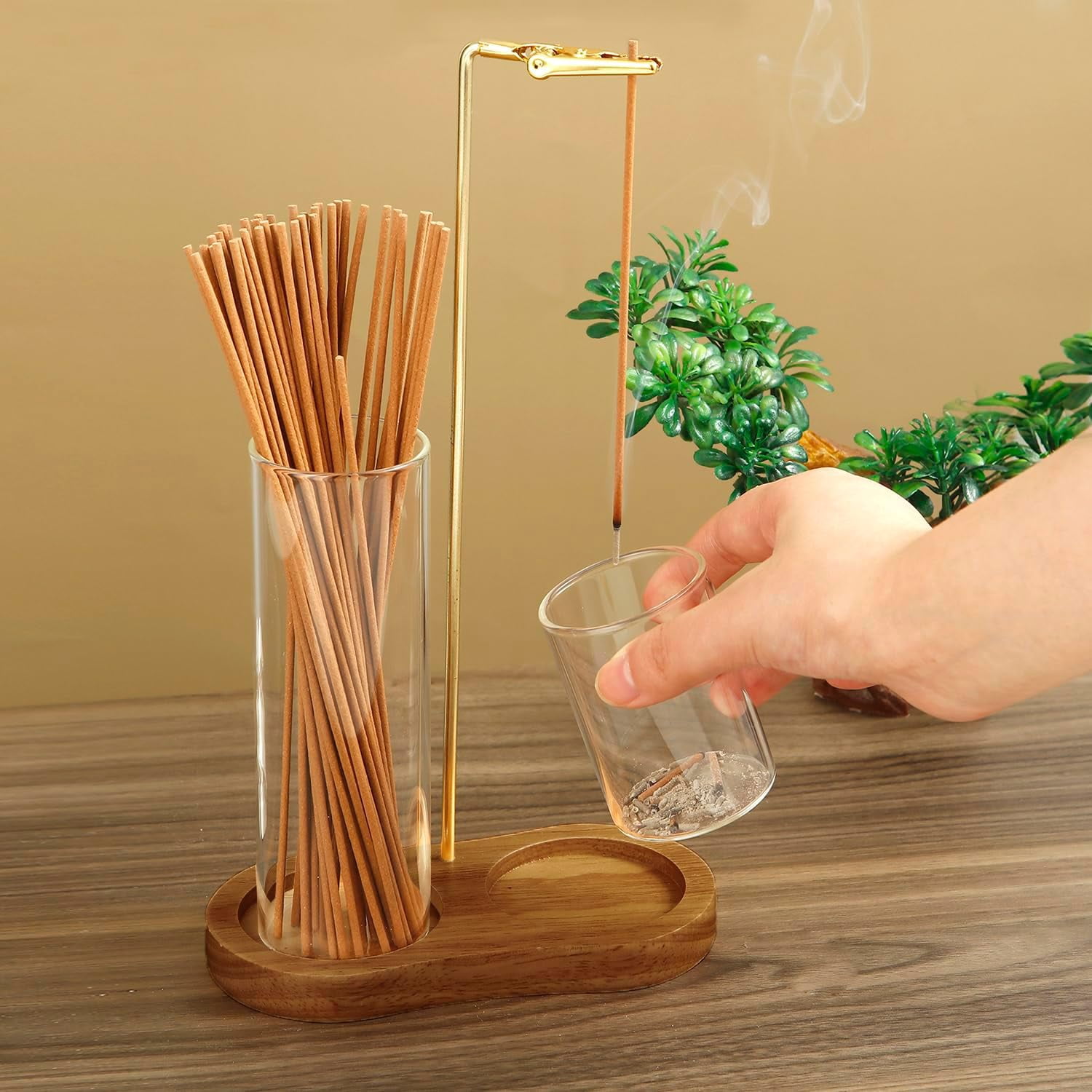 2-in-1 Incense Holder and Ash Catcher with 4.3oz Glass Jar, Dark Bamboo Base , Meditation Accessories for Yoga, Spa, Home Decor