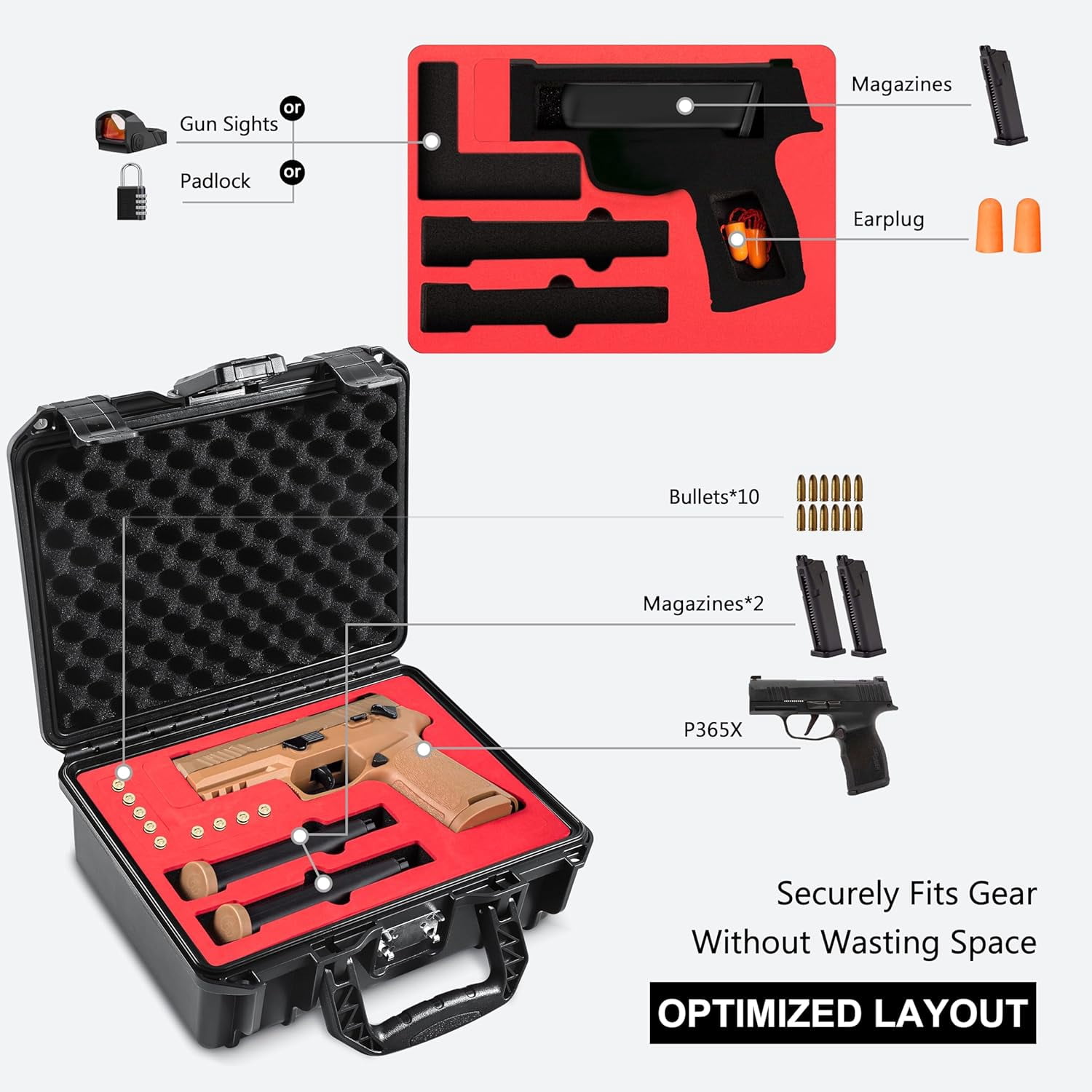 Gun Case for SIG SAUER P322/P365, Waterproof & Lockable Hard Pistol Case with Pre-Cut Foam, TSA Approved Firearm Travel Case, Handgun Case Not for Optics