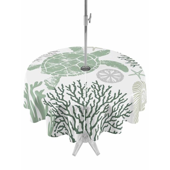 Outdoor Tablecloths with Umbrella Hole & Zipper, Sage Green Coastal Turtle Round Tablecloth 54 Inch, Ocean Coral Nautical Waterproof Table Cloth, Patio/Pool/Picnic Table Covers