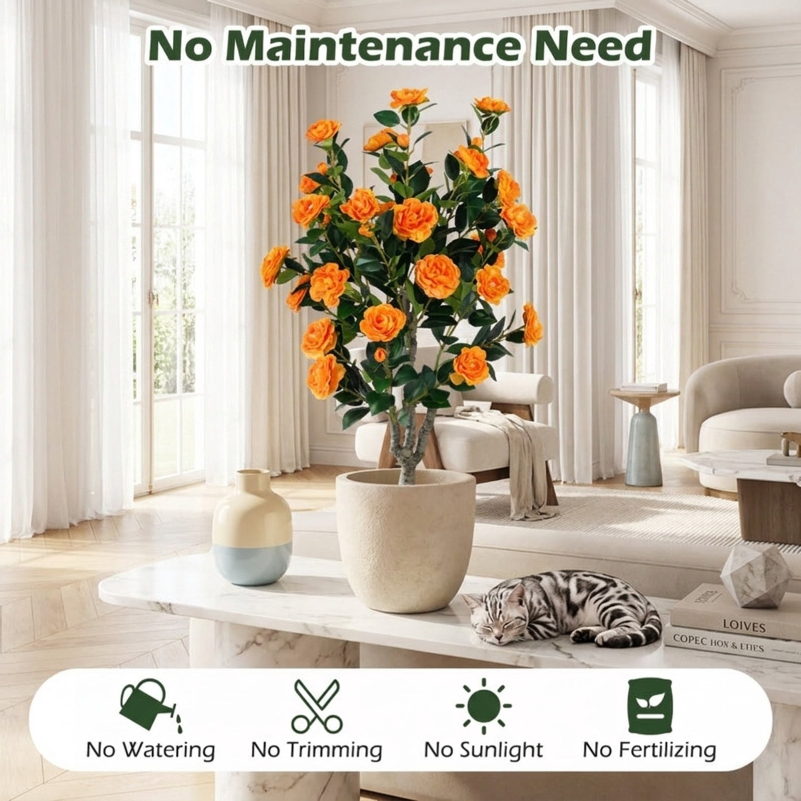 Vebreda Artificial Plant Decor, Set of 2 39.5" Artificial Camellia Tree with Orange Blossoms in Cement Pot for Decoration, Selected Materials