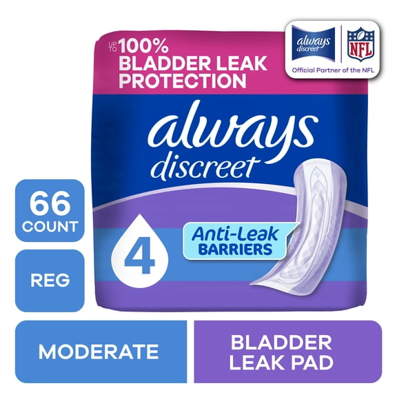 Always Discreet Incontinence Pads, Moderate Absorbency, Regular Length, 66 Count