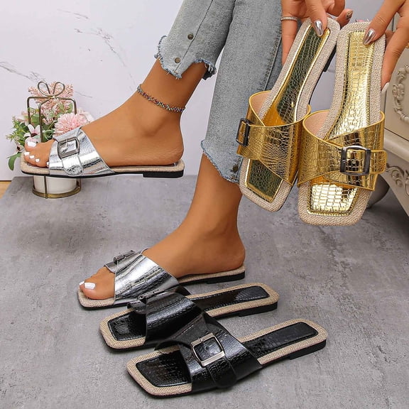 Women's Crocodile Embossed Flat Slide Sandals Square Toe Metallic Buckle Casual Summer Beach Flip Flops for Women Wide Width Comfortable Slip On Shoes
