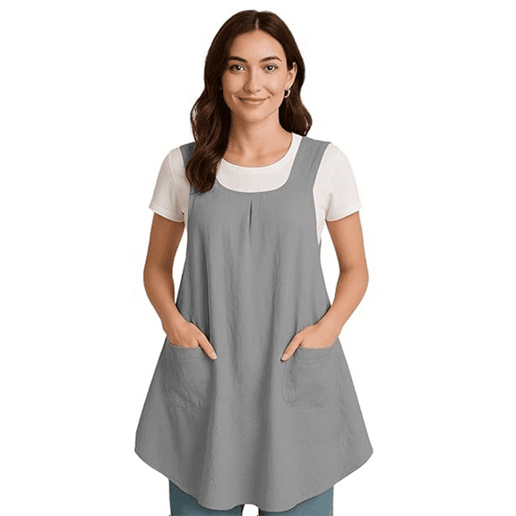 Apron with Pocket Cotton Linen, Japanese Back Apron for Gardening Painting Grey,1pcs x apron,Grey