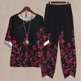 thumbnail image 7 of QUYUON Womens Summer 2 Piece Outfits Casual Loose Crew Neck Short Sleeve Tops Elastic Waist Long Pants Sets Women Plus Size Floral Printed Two Piece Lounge Sets A-Black S, 7 of 7