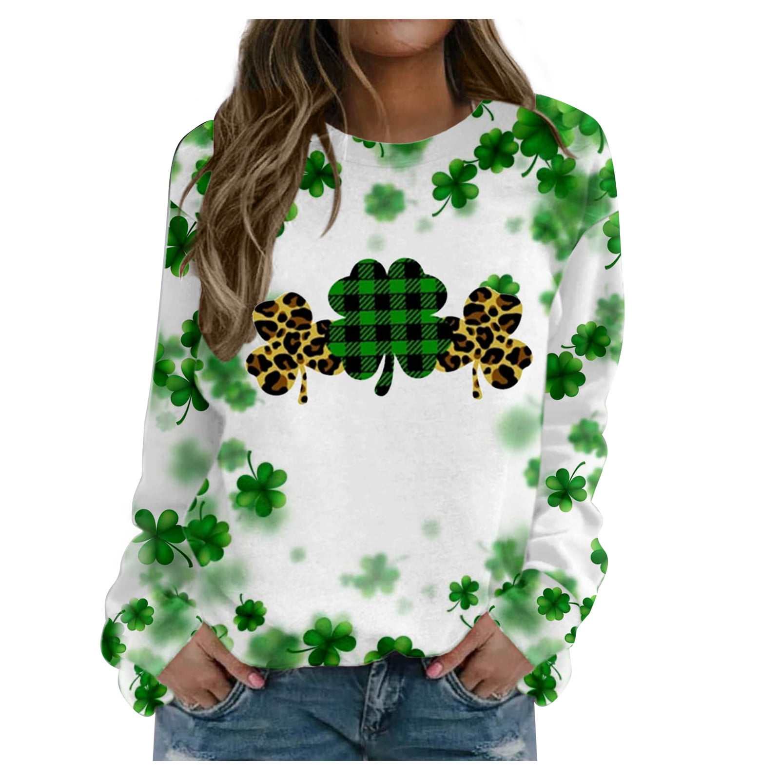 QIPOPIQ Chandails à Manches Longues pour Femmes T-Shirts de la Saint-Patrick Shamrock T-Shirt Chemise Verte Tee St Patricks Day Shirts Tunique Col Rond Hauts Amples Chandail Chemises de Fête T-Shirts Graphiques Aubaines