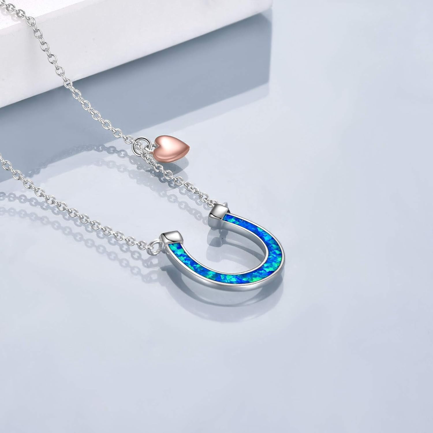 YAFEINI Opal Horseshoe Necklace for Women Sterling Silver Horse Jewelry Gifts 15+2''