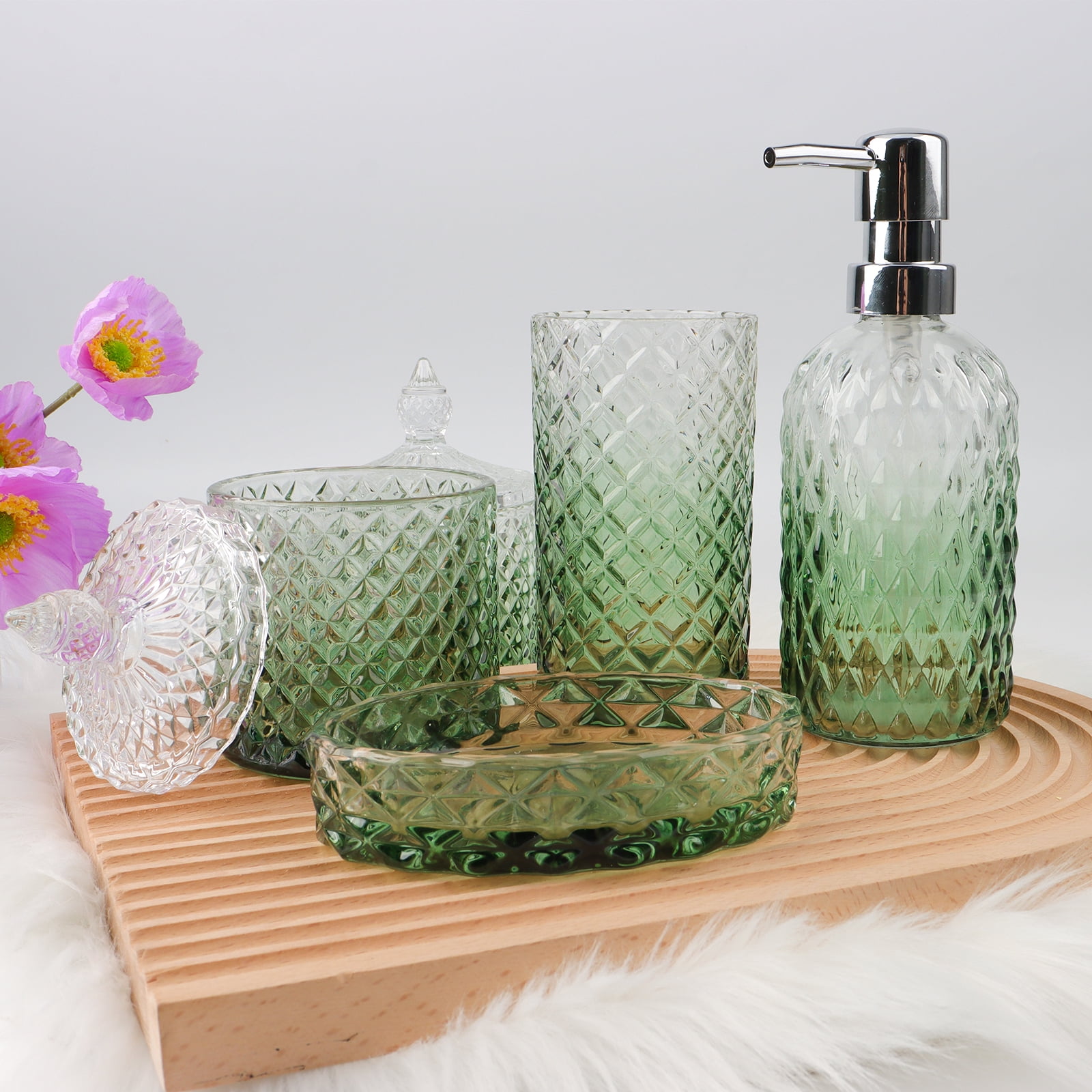 Bathroom Soap Dispenser Set, 5-Piece Glass Bathroom Accessories, Modern Bathroom Decor, Bathroom Glass Accessories Set, Gradient Green