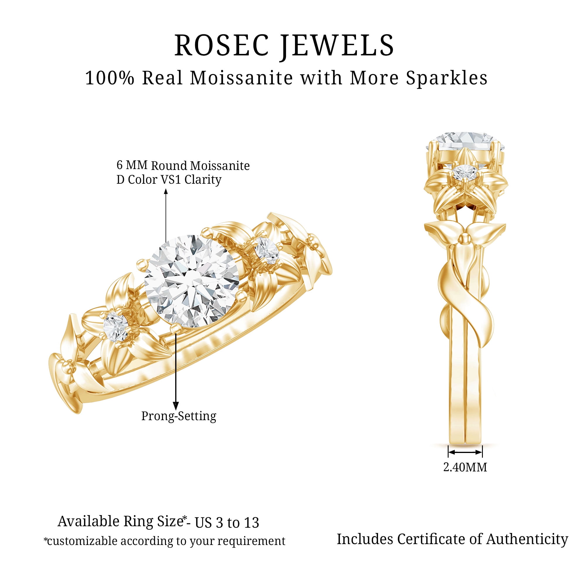 Rosec Jewels Nature Inspired Flower Ring for Women, Moissanite Solitaire Engagement Ring, 14K Yellow Gold, US 3.50