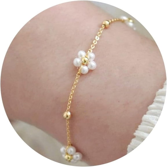 YMCSTONEMA Gold Bracelet For Women, 14K Gold Plated Daisy Pearl Bead Tennis Chunky Curb Sparkle Crisscross Bracelet Simple Jewelry[z6906]