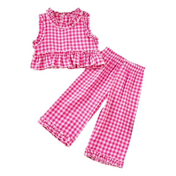 KPOPLK Toddler Baby Girl Clothes Sleeveless Plaid Ruffle Tanks Tops and Long Pants Summer Cute Outfit(Hot Pink&2,18-24 Months)