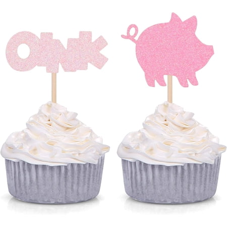 Pink Glitter One & Pig Cupcake Toppers, 12 Pack 1st Birthday Picks, Farm Animal Themed Party Cake Decor Supplies