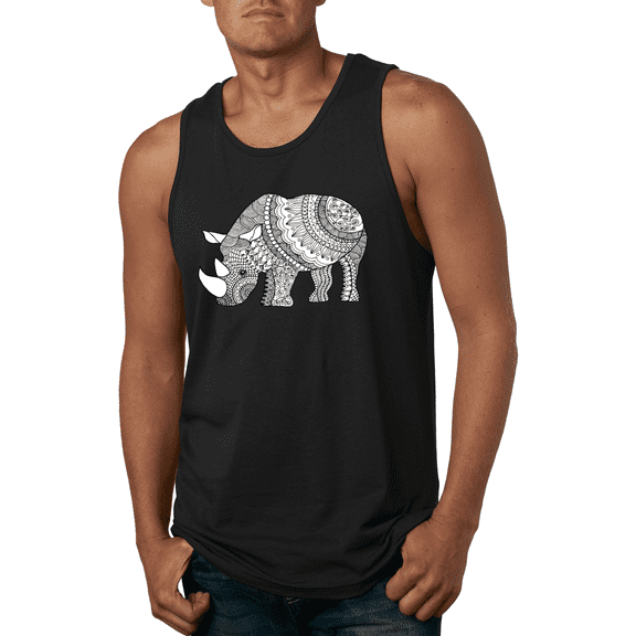 Black and White Mosaic Retro Mandala Rhino Animal Lover Graphic Tank Top