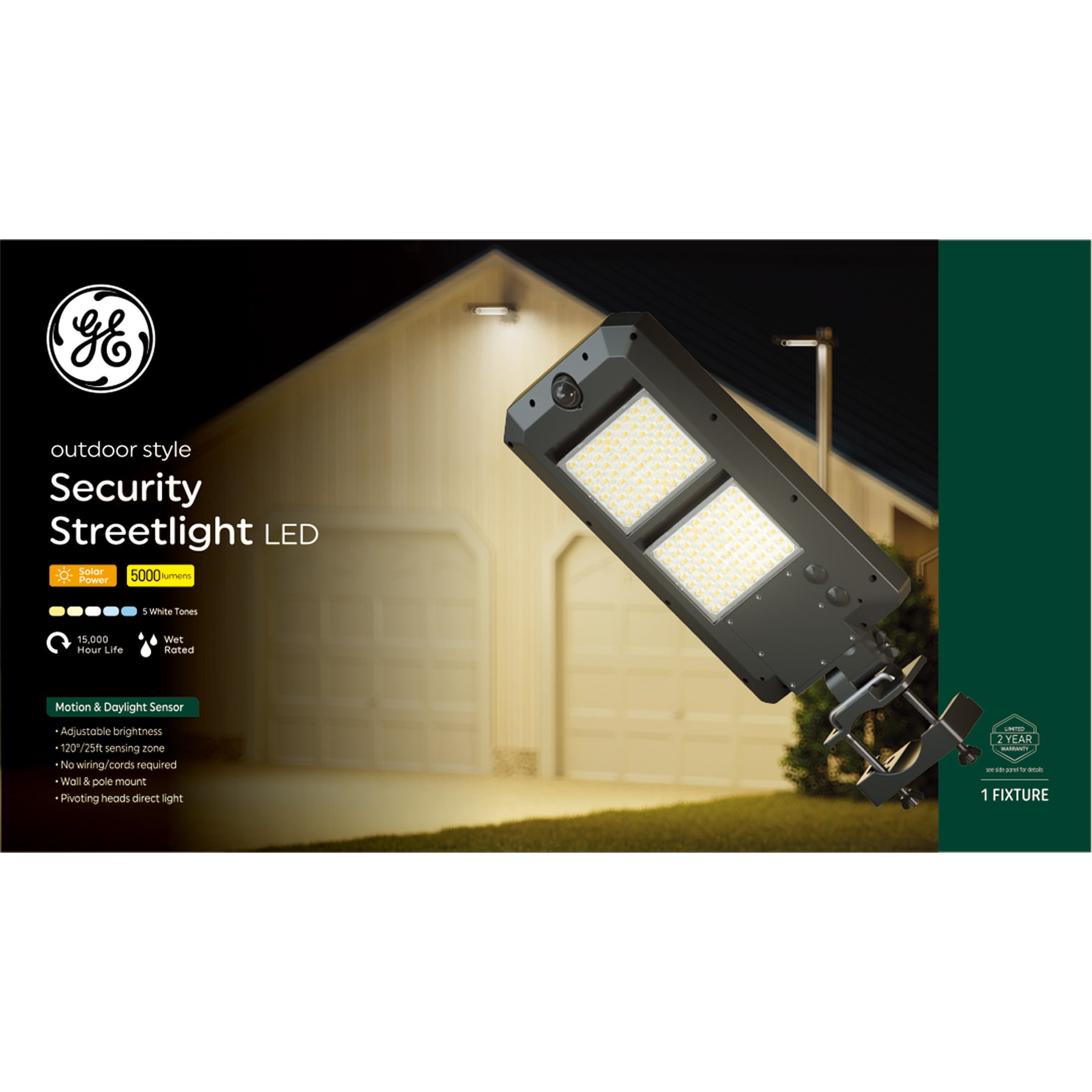 GE Outdoor Security LED Street Light, Adjustable Lights with Motion & Dusk to Dawn Sensor, Solar Light, 5000 Lumens, White