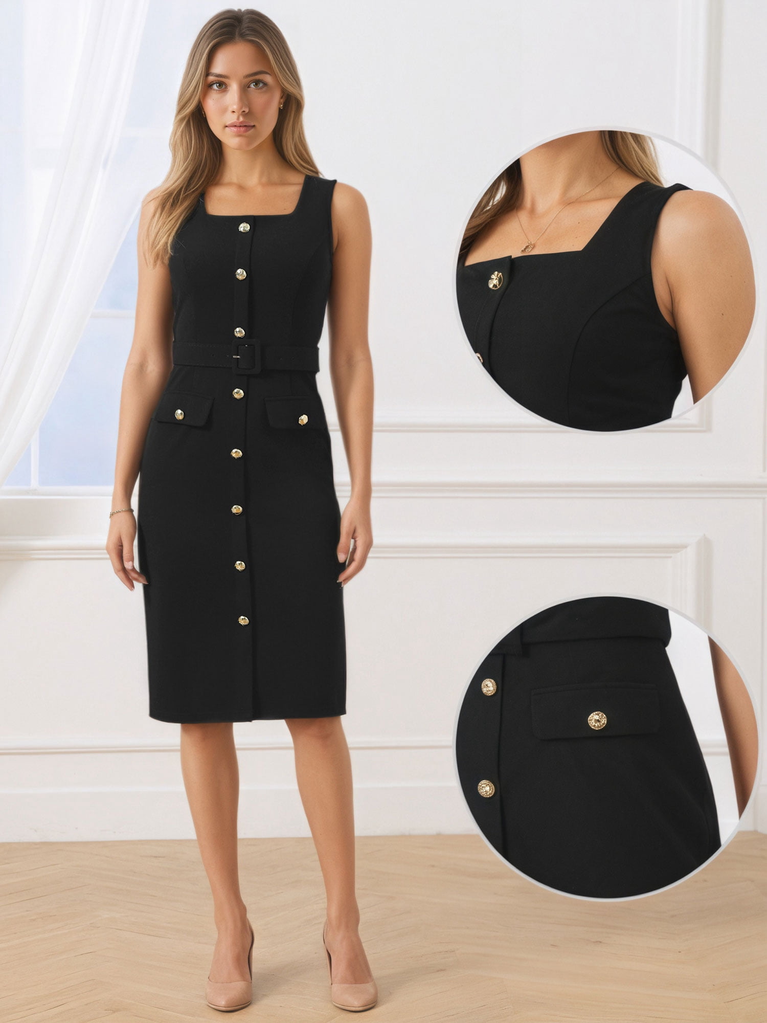 DARING DIVA Women's Sleeveless Square Neck Belted Bodycon Work Business Dress L Black