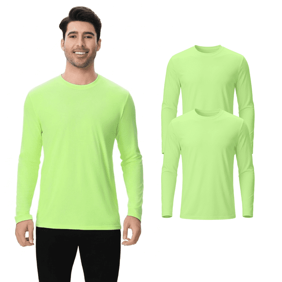 Zfeel Men's Dry Fit Hi Vis Safety Neon Green Long Sleeve Poly Shirt, Moisture Wicking, 2 Pack, S