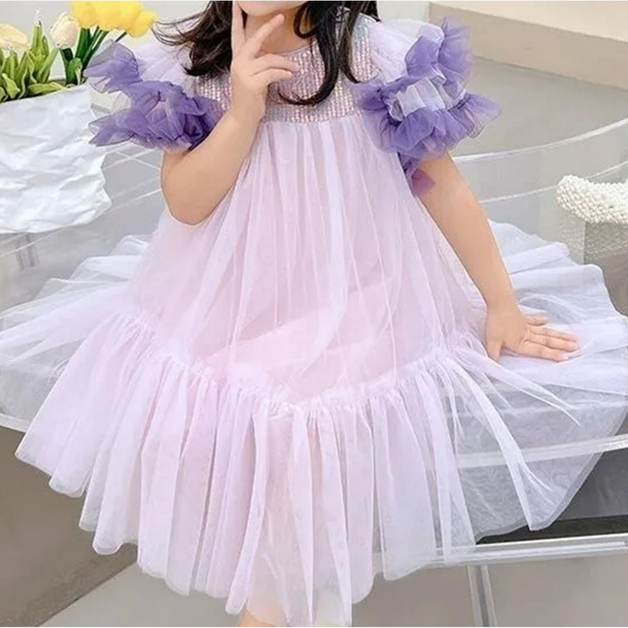 Big Kid Girl Dress and Dress Summer New Short Sleeved Round Neck Purple Girl Fashion Mesh Princess Dress Girls Clothes Purple 120 Walmart