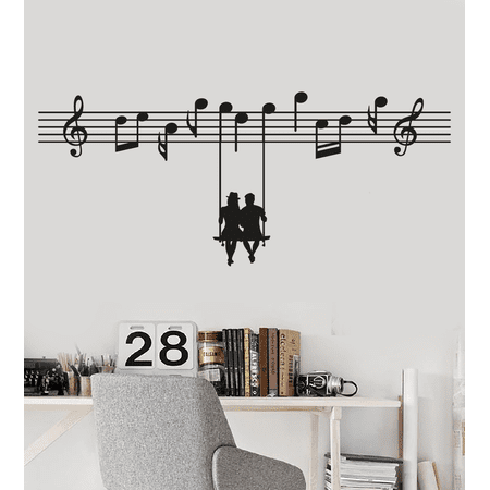 Couple of Lovers Silhouette Hanging on Musical Notes with Creative Design for Living Room Vinyl Wall Decal - Beautiful Unique and Cute Art of Music with Man and Woman for Relaxing Bedroom Wall Decorat