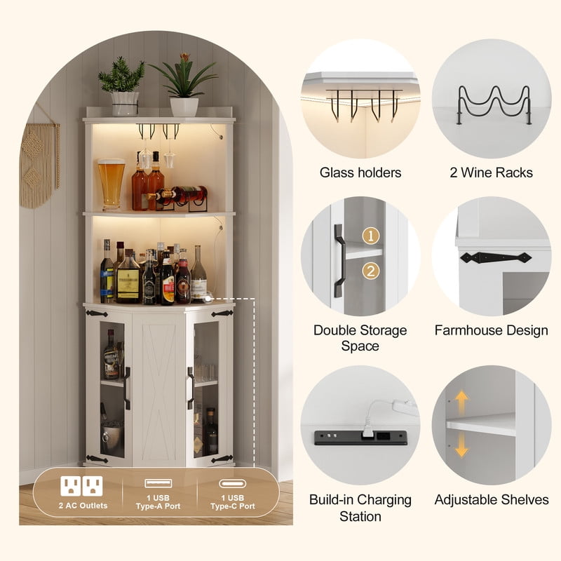 Triangular Corner Bar Cabinet with Power Outlet, Farmhouse Wine Storage Cabinet with Adjustable Shelves, LED Lights & Glass Rack