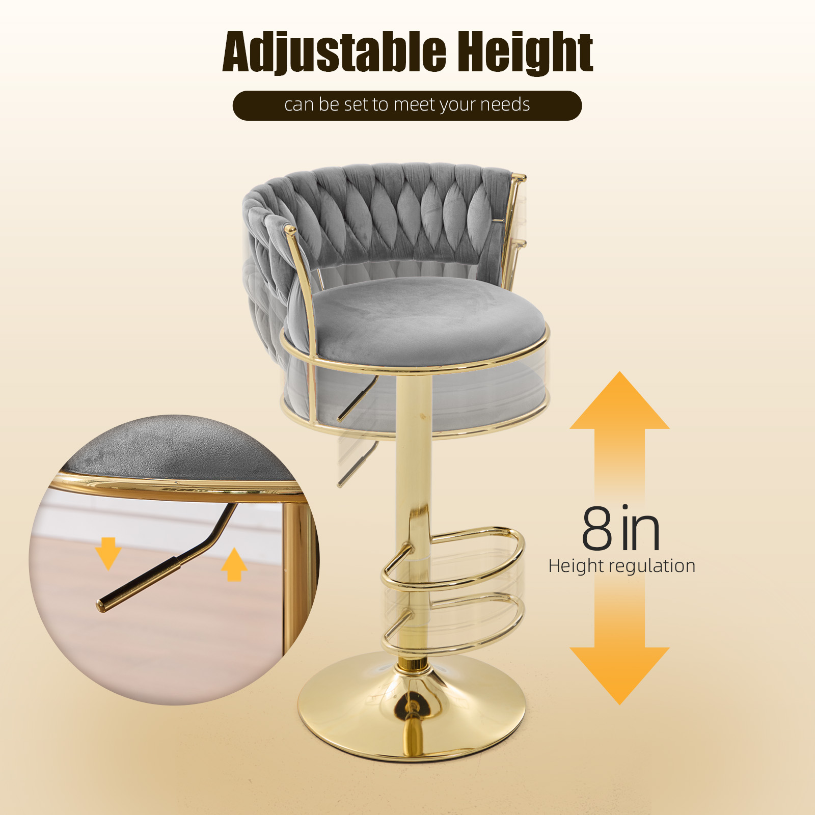 MOONMISS Velvet Upholstered Adjustable Height Swivel Armless Bar Stools with Golden Footrest(set of 2)-Gray
