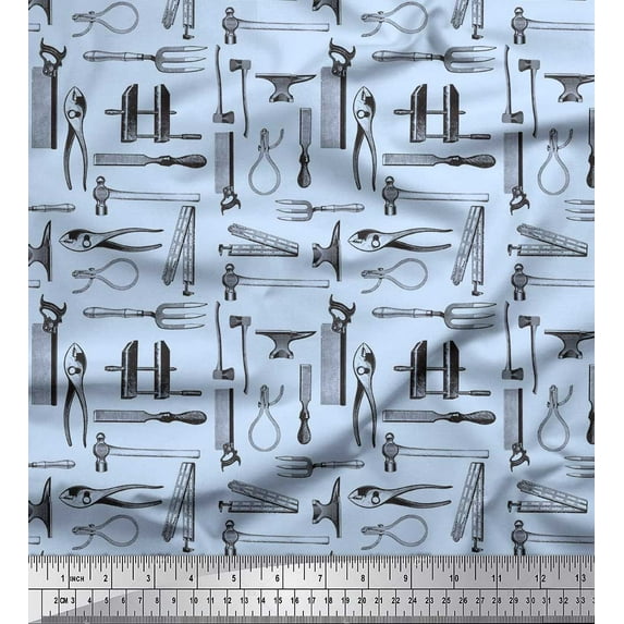 Soimoi Blue polyester Crepe Fabric Tools Hardware Decor Fabric Printed Yard 52 Inch Wide