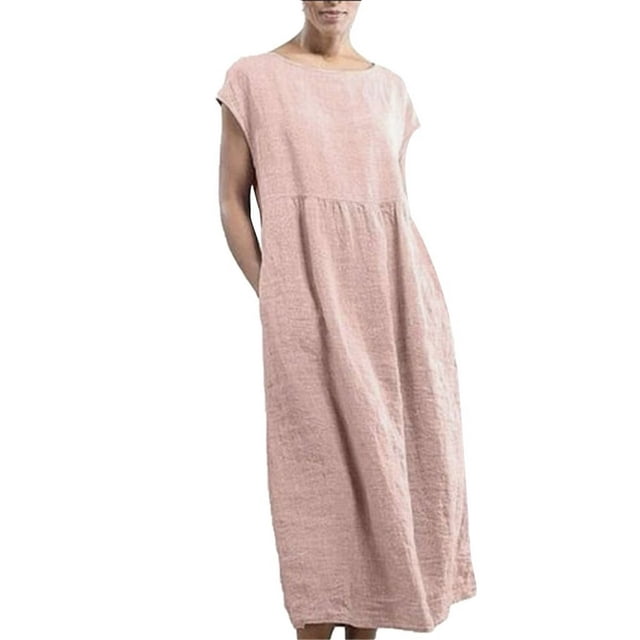 JUNWELL Caftan Ample Robe Longue pour Femmes Grande Taille Robe en Lin Été Décontractée Sans Manches Col Ras du Cou Poches Robe Maxi