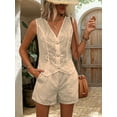 thumbnail image 3 of Floral Eyelet Embroidered Sets for Women 2 Piece Summer Shorts Button Down Vest Dressy Causal Vacation Set Khaki L, 3 of 6