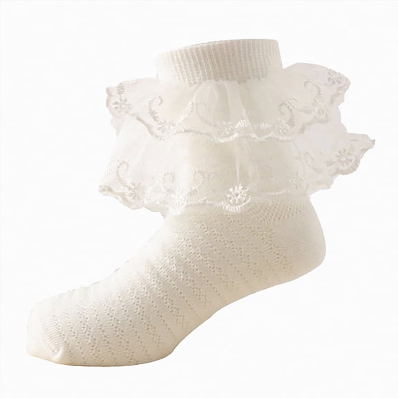 Splozh Ruffle Socks for Toddler Girls Ruffle Socks Toddler, Layer Big Fluffy Lace Frilly Ankle Socks, Soft Cotton Turn Cuff Dress Sock for Girls 6-8 Years,White