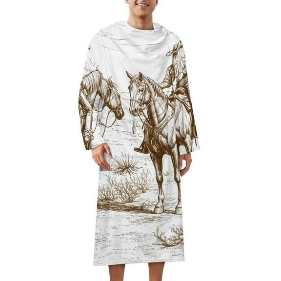 American West Cowboy On Horse And Cactus in The Desert Wearable Blanket with Sleeves and Pocket Comfy Flannel Fleece Snuggy Wrap Throws Blankets Robe 152x65cm