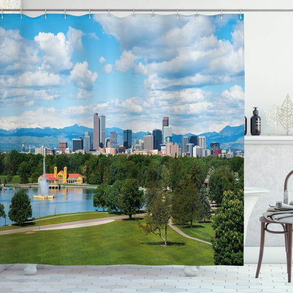 Ambesonne Urban Shower Curtain, Sunny City Park at Denver, 69"Wx75"L, Sky Blue Fern Green
