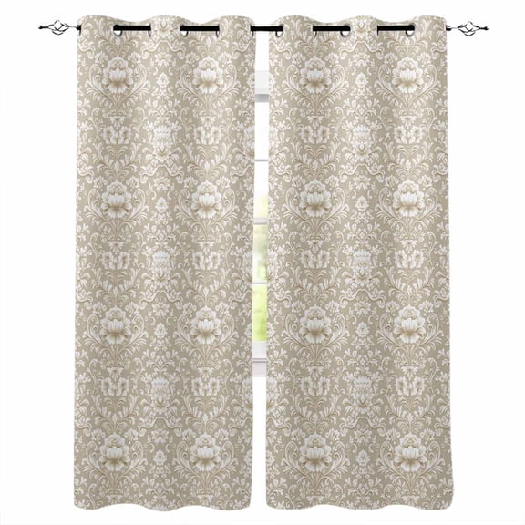 Beige Damask Blackout Curtains 54 Inches Long for Bedroom, Vintage Country Scroll Floral Patterned Thermal Insulated Room Darkening Black Out Window Curtain Panels Grommet Drapes for Living Room