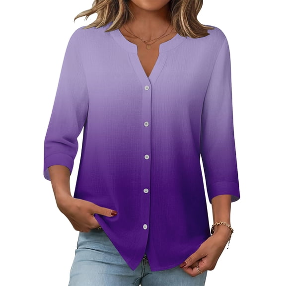 Bbyeadc Button Up Shirts for Women 3/4 Length Sleeve V Neck Top Tie Dye Comfortable Top Fashion Loose Summer Shirts,Purple Pink(XL)