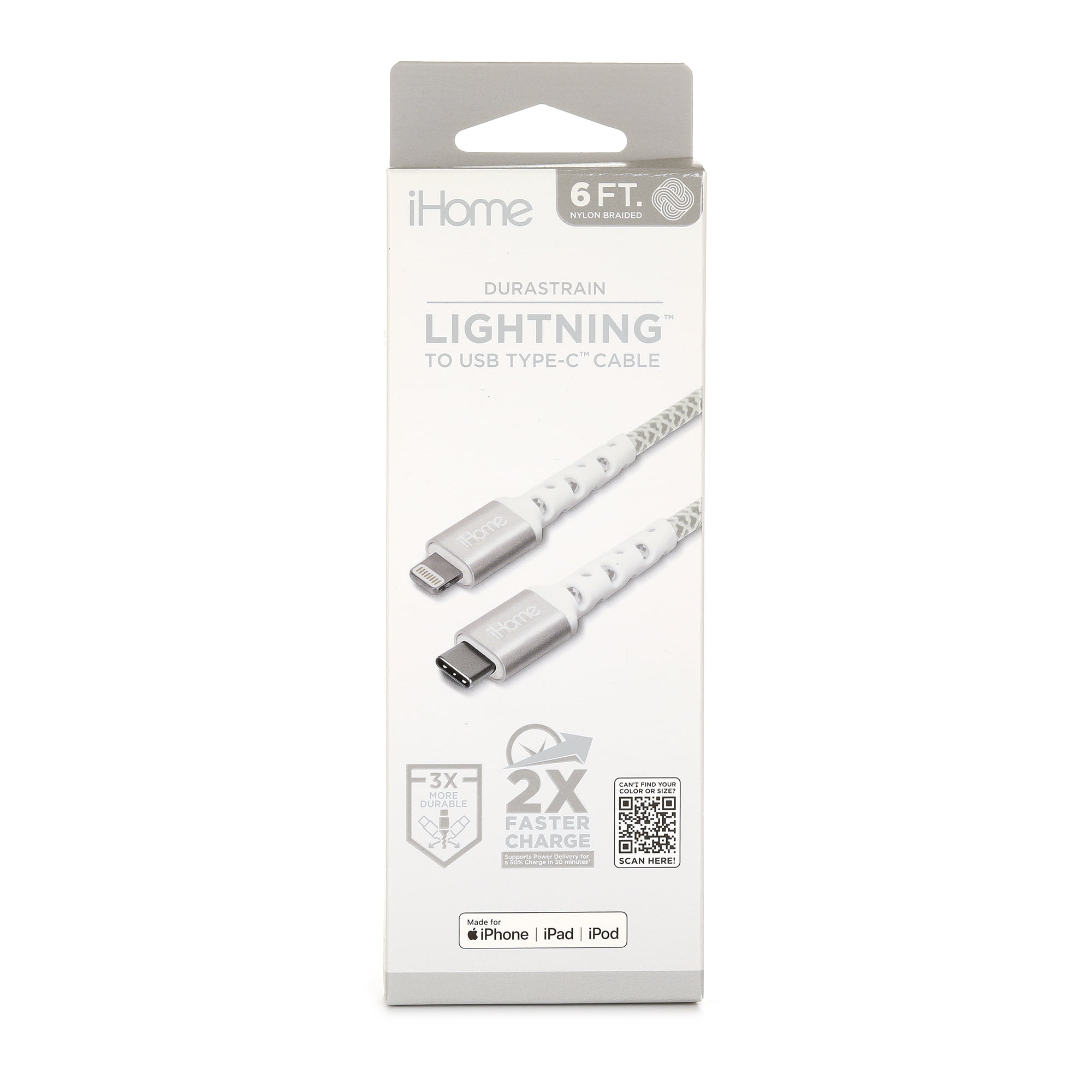 iHome Nylon Braided Lightning to USB-C Cable, White, 6'