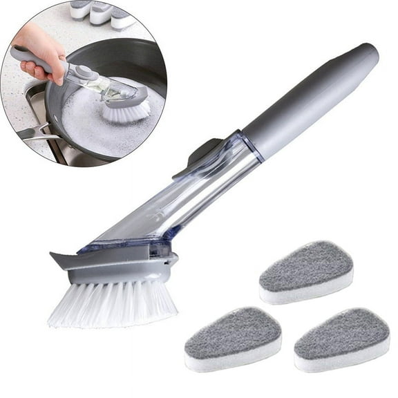 Soap Dispensing Dish Brush, Kitchen Scrub Brush for Pans Pots Sink - with 1 Handle and 3 Brush Heads, Clear/Gray