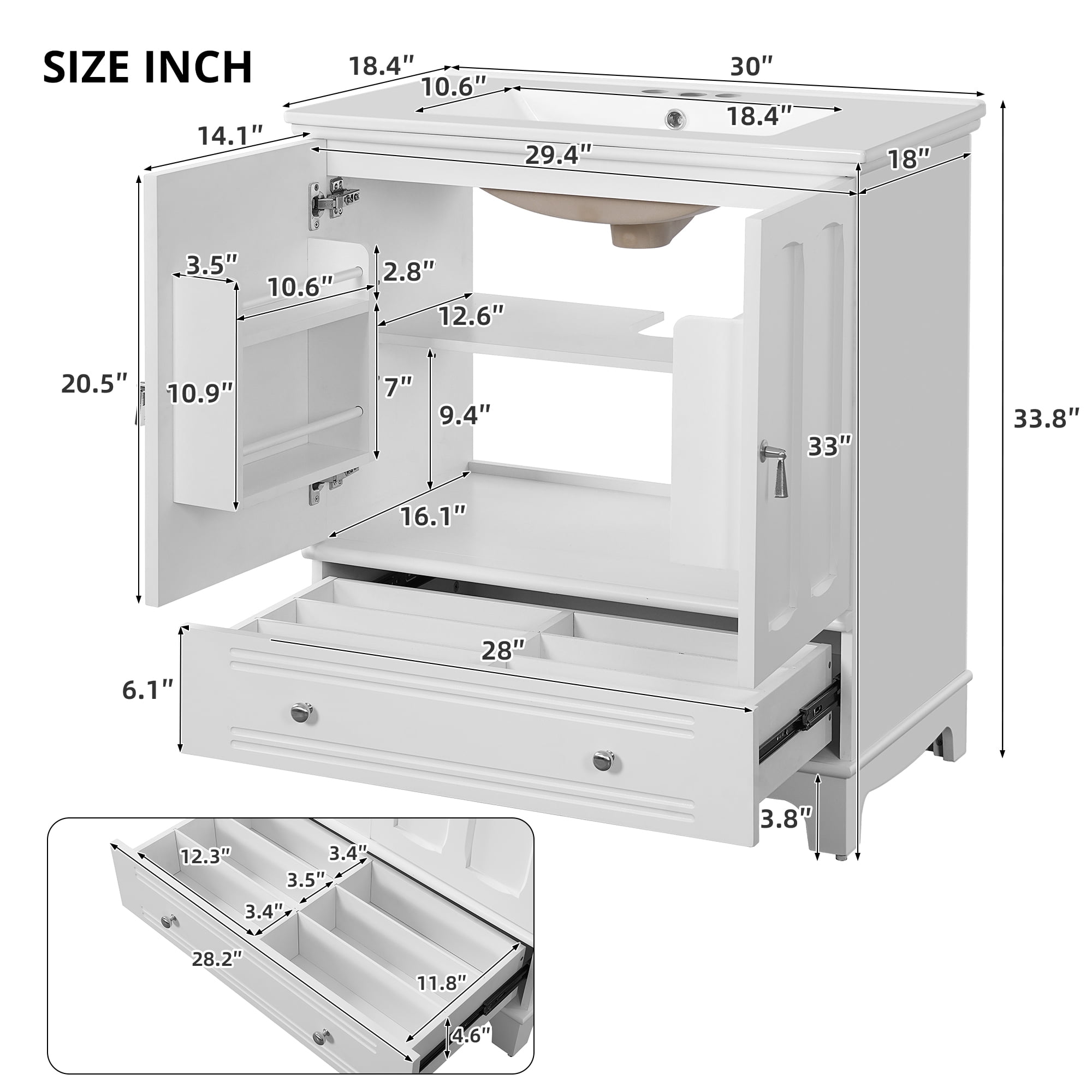 Euroco 30" Bathroom Vanity with Ceramic Sink, Solid Wood Frame Bathroom Sink Cabinet with Adjustable Shelf, Drawer with Divider, Solid Wood Feet