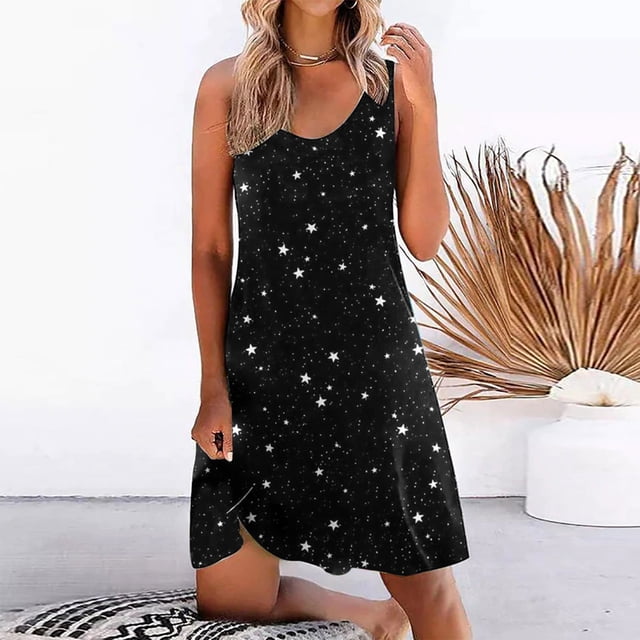 ICHUANYI Clearance Women's Sleeveless Dress Visually Thin Dress Fashion Floral Print Summer New Arrivals Printing Dress(Black, XXL) ICHUANYI WER2023080815837