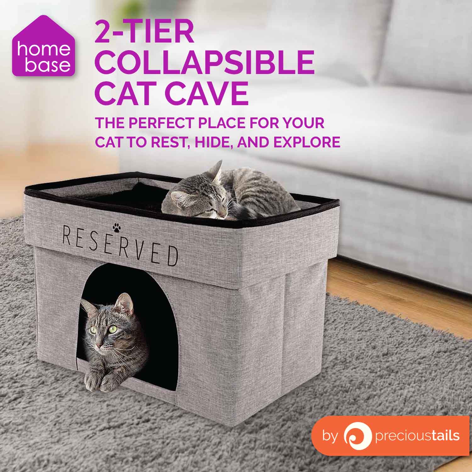Precious Tails HomeBase Rectangular 2-Tier Collapsible Pet Cat Cave Bed, Item Weight 4 lb
