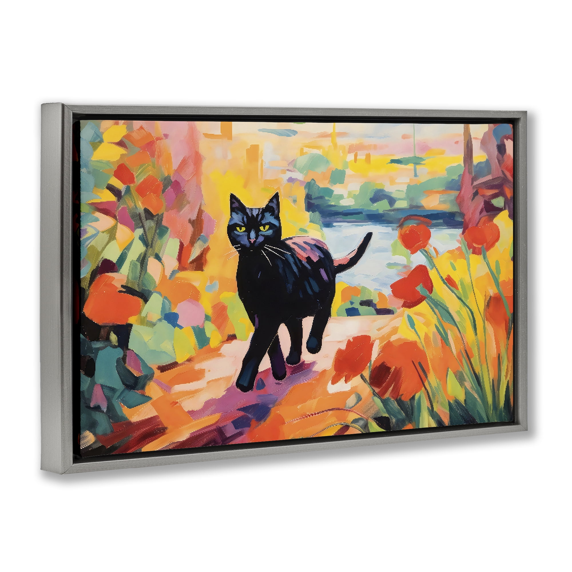 Stupell Industries Sunlit Black Cat in Garden Gray Framed Floater Canvas Wall Art, design by Creative Studio