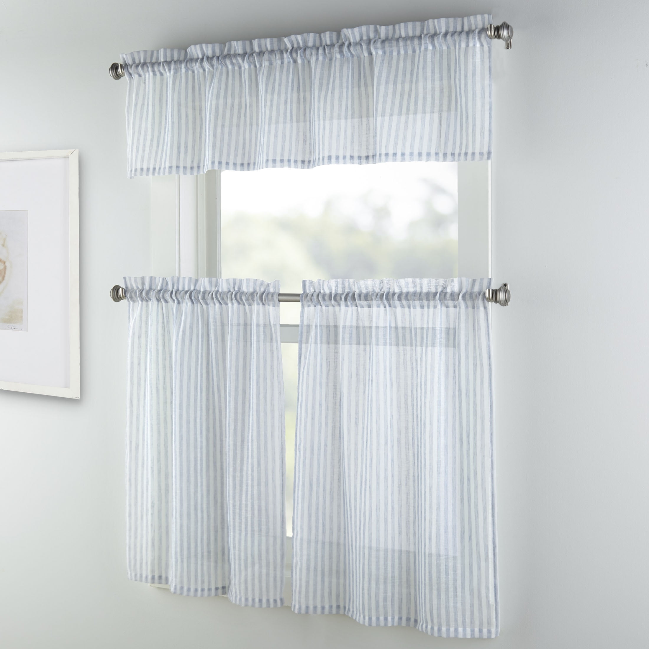 Mainstays Light Filtering Rod Pocket Stripe Curtain Tier and Valance Set, 3pc, 56"x36", Light Blue