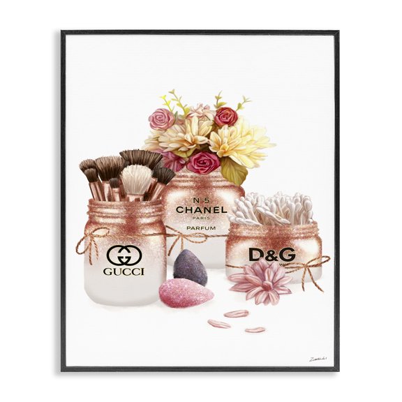 Stupell Industries Eclectic Fashion Cosmetic Jars and Floral Bouquet Black Framed Giclee Art, 11 x 14, by Ziwei Li