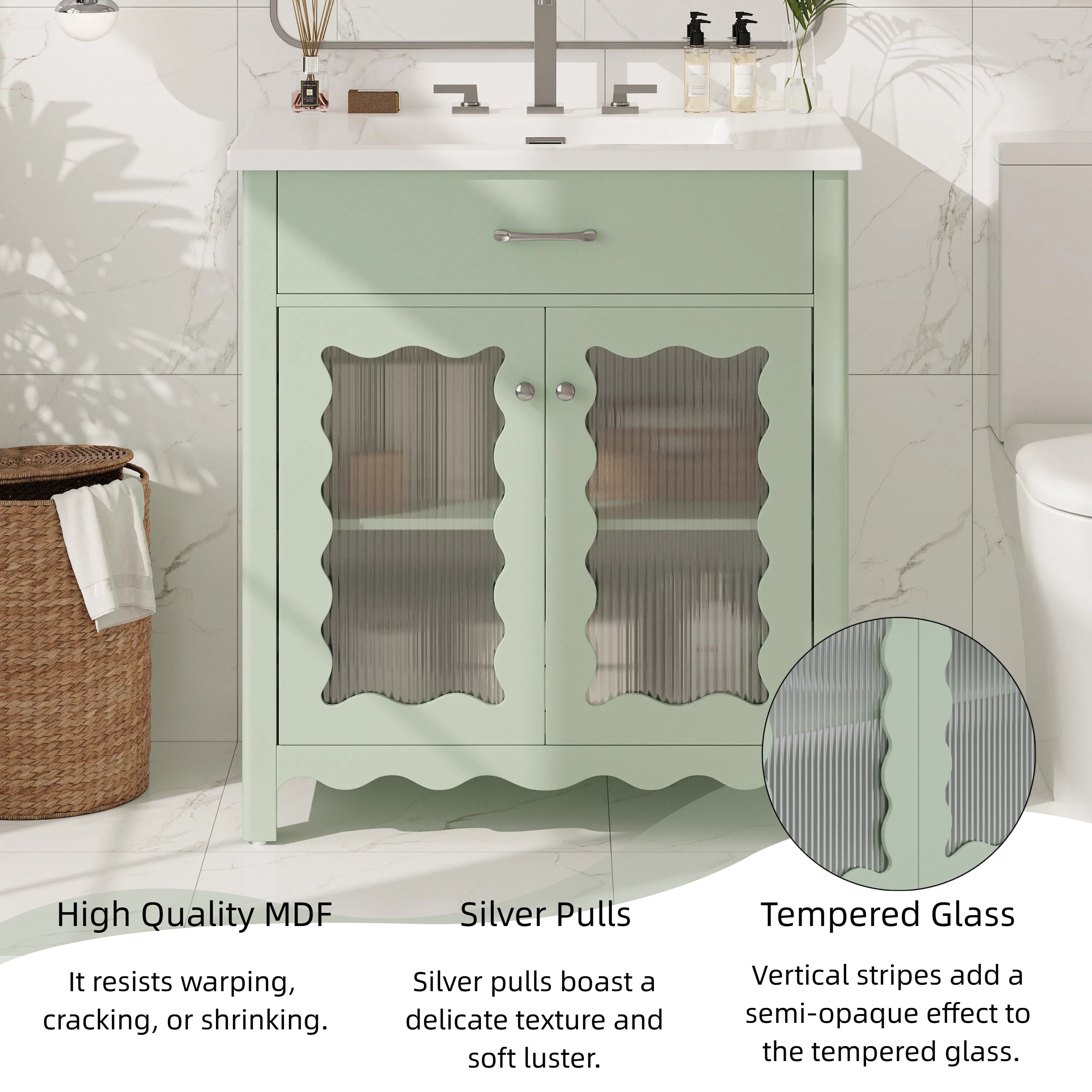 YIYADO 30 Inch Bathroom Vanity, Freestanding Green Vanity Cabinet, Modern Bathroom Cabinet with Rubber Wood Legs and Soft Close Door, Green
